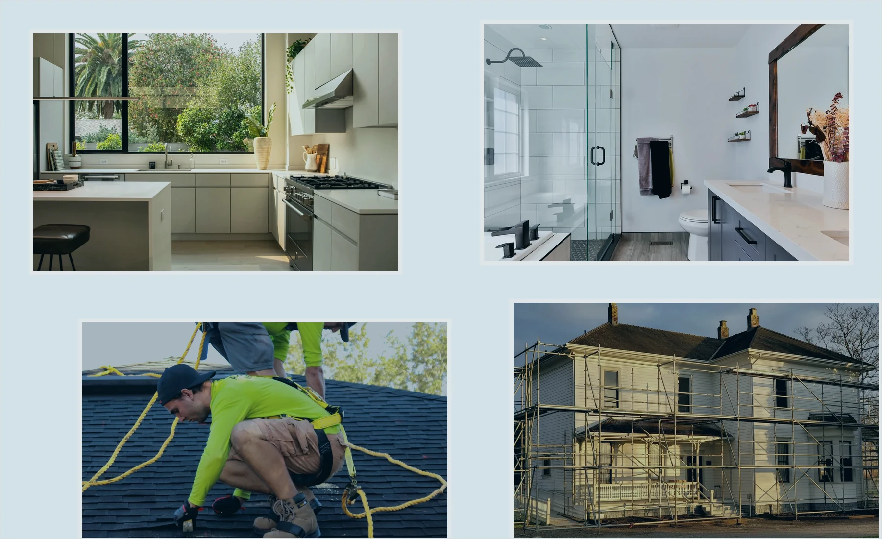 Interior remodeling, roofing and exterior restoration project imagery